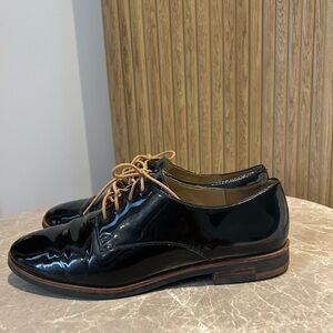 Karl Lagerfeld Black Patent Leather Oxfords with Tan Laces